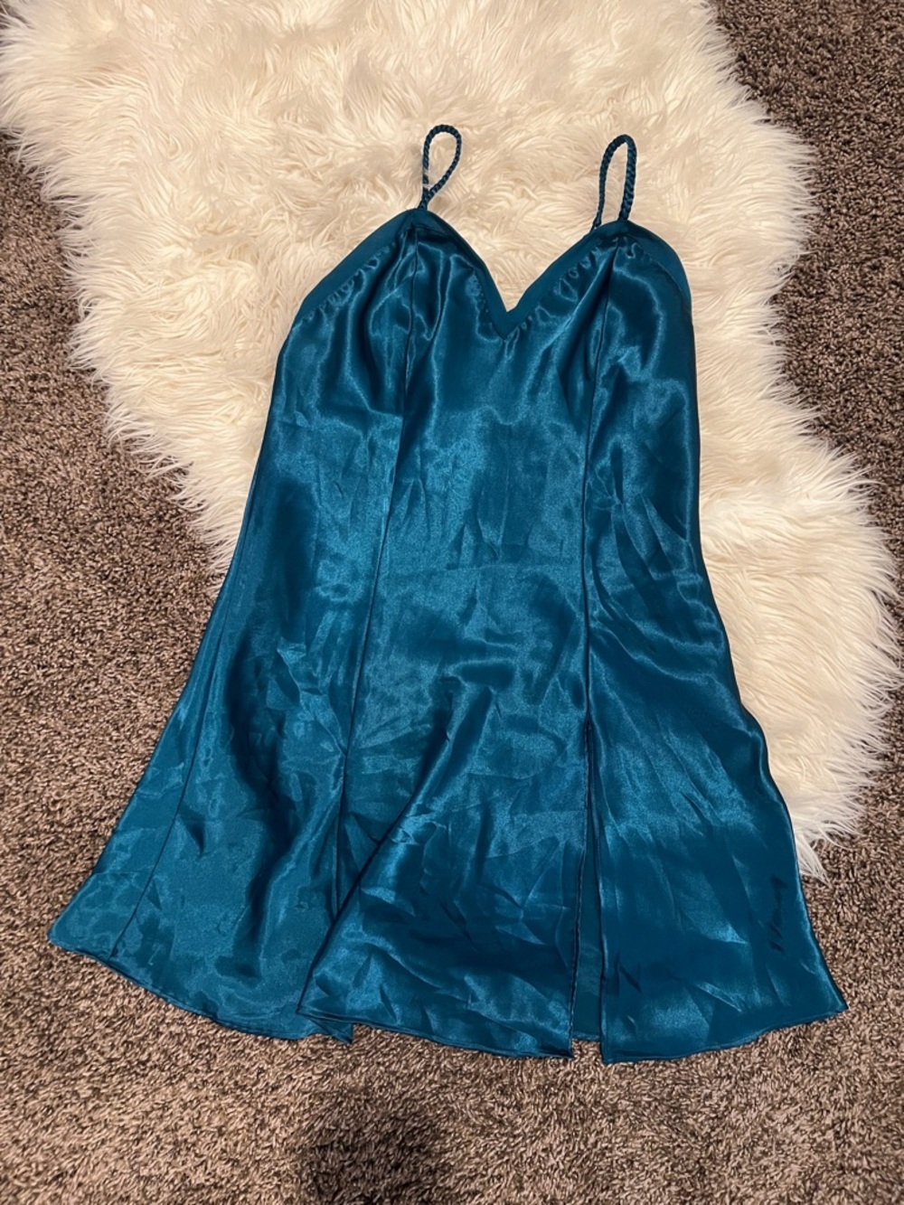 Victoria's Secret Teal Satin Slip-Vintage gold label